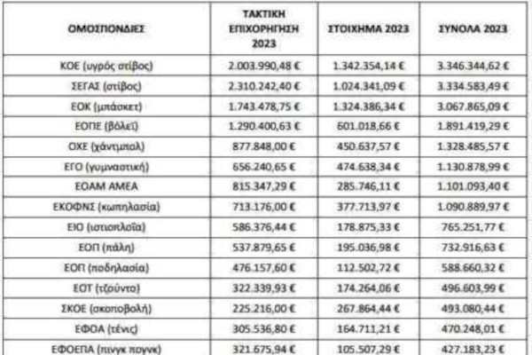 Στα 24,6 εκατ. ευρώ η συνολική χρηματοδότηση των 57 Ομοσπονδιών όλων των ερασιτεχνικών αθλημάτων για το 2023, αυξημένη κατά 41,67% την τελευταία διετία